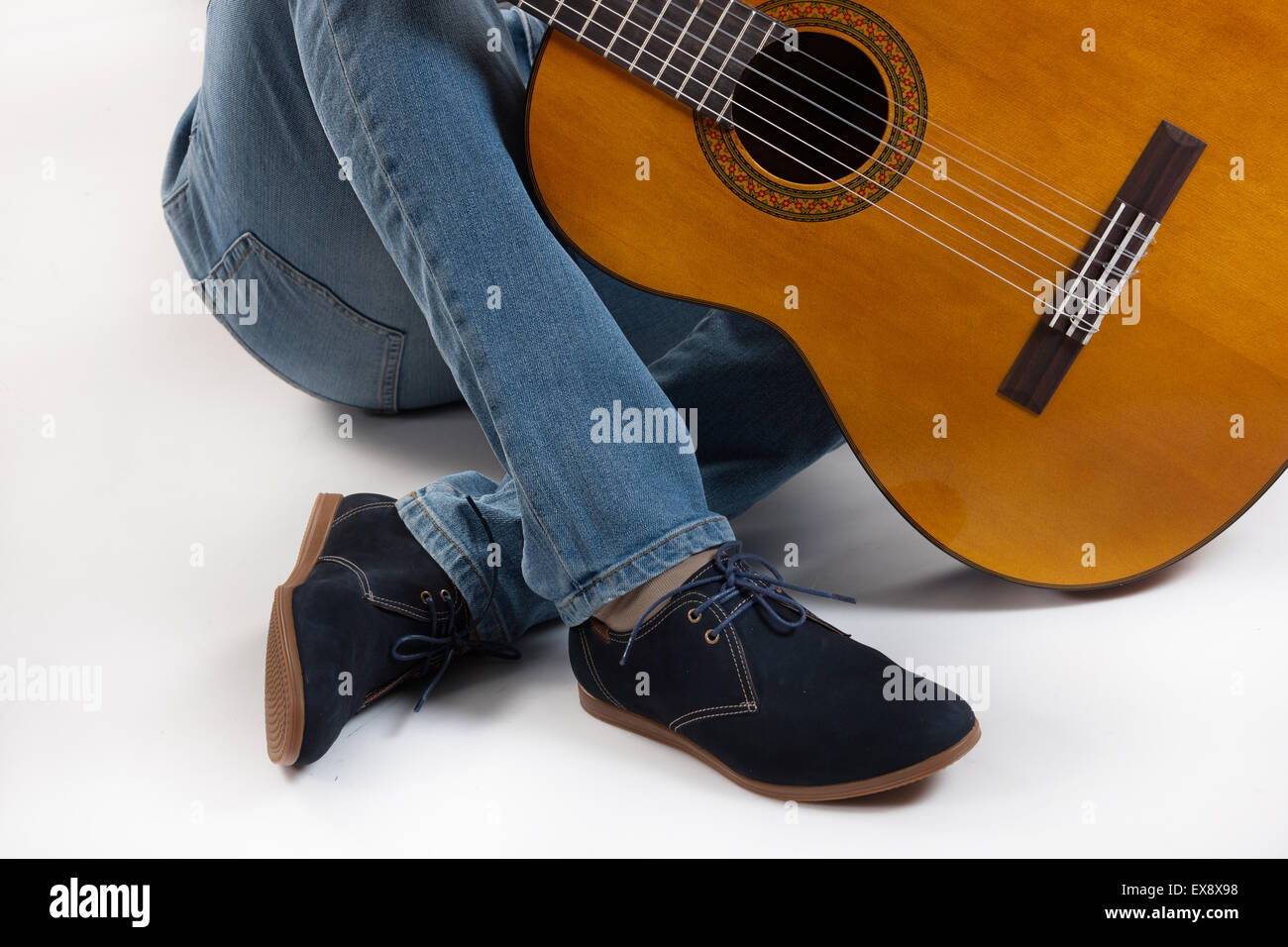 man men male studio jeans denim object background guitar play body part