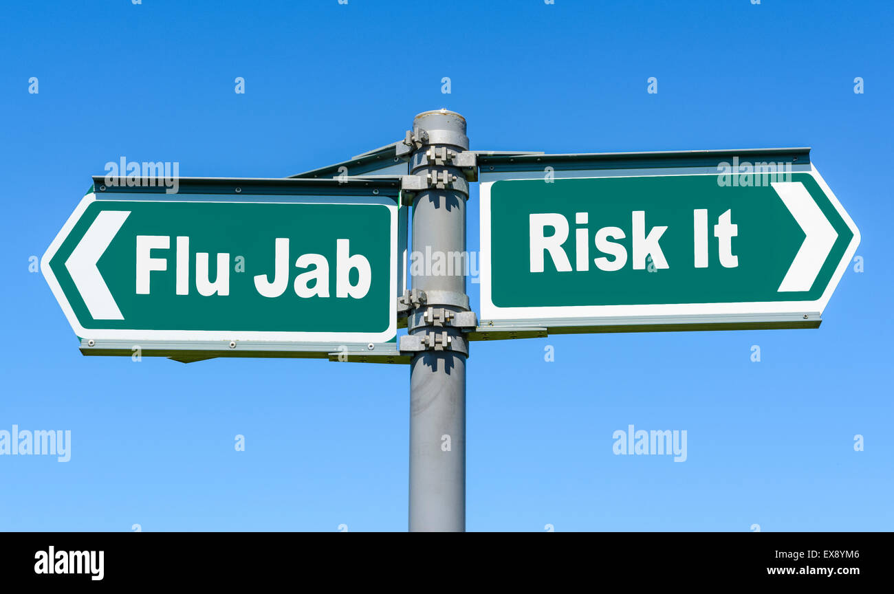 Flu Jab or Risk It sign. Flu inoculation. Influenza prevention injection. Flu vaccine. Flu shot. Stock Photo