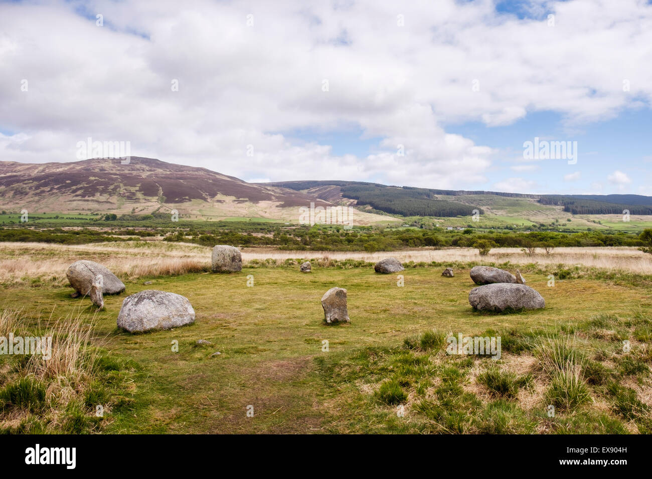 Stone circle at Machrie Moor standing stones, Machrie, Isle of Arran, North Ayrshire, Strathclyde, Scotland, UK, Britain Stock Photo