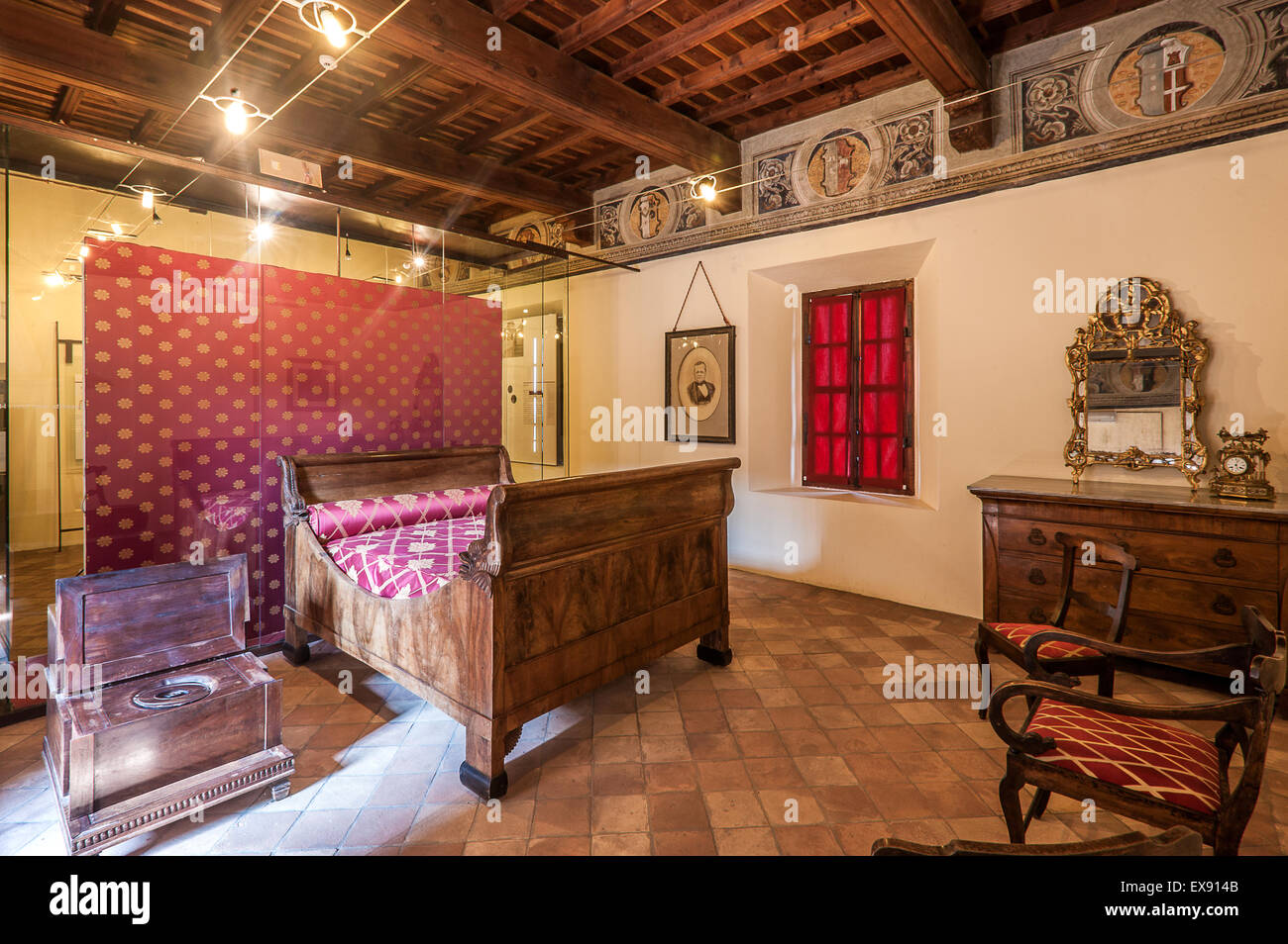 Italy Piedmont Langhe World Heritage Grinzane Cavour The castle -room of Count Camillo Benso di Cavour with its bed Stock Photo