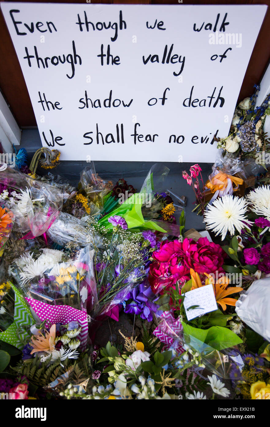 Memorial that sprung up in front of Emanuel AME Church in Charleston, SC. Stock Photo