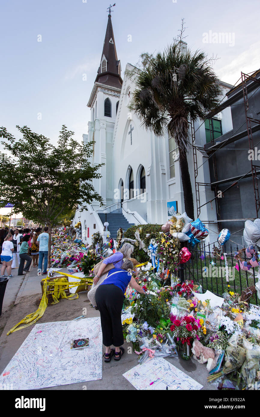 Overall view of the memorial that sprung up in front of Emanuel AME Church a week after the shooting that took nine lives. Stock Photo