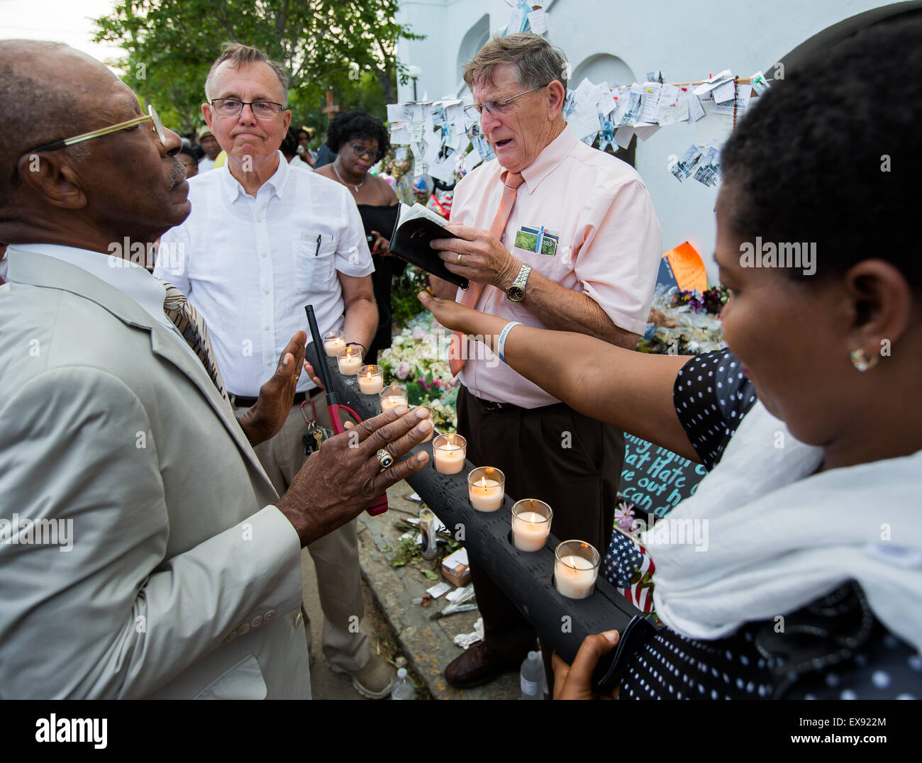 Memorial service in front of Emanuel AME Church after the shooting that took nine lives. Stock Photo