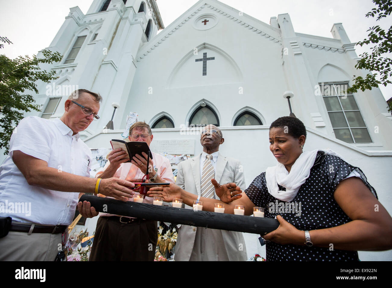 Memorial service in front of Emanuel AME Church in Charleston, S.C. after the shooting that took nine lives. Stock Photo