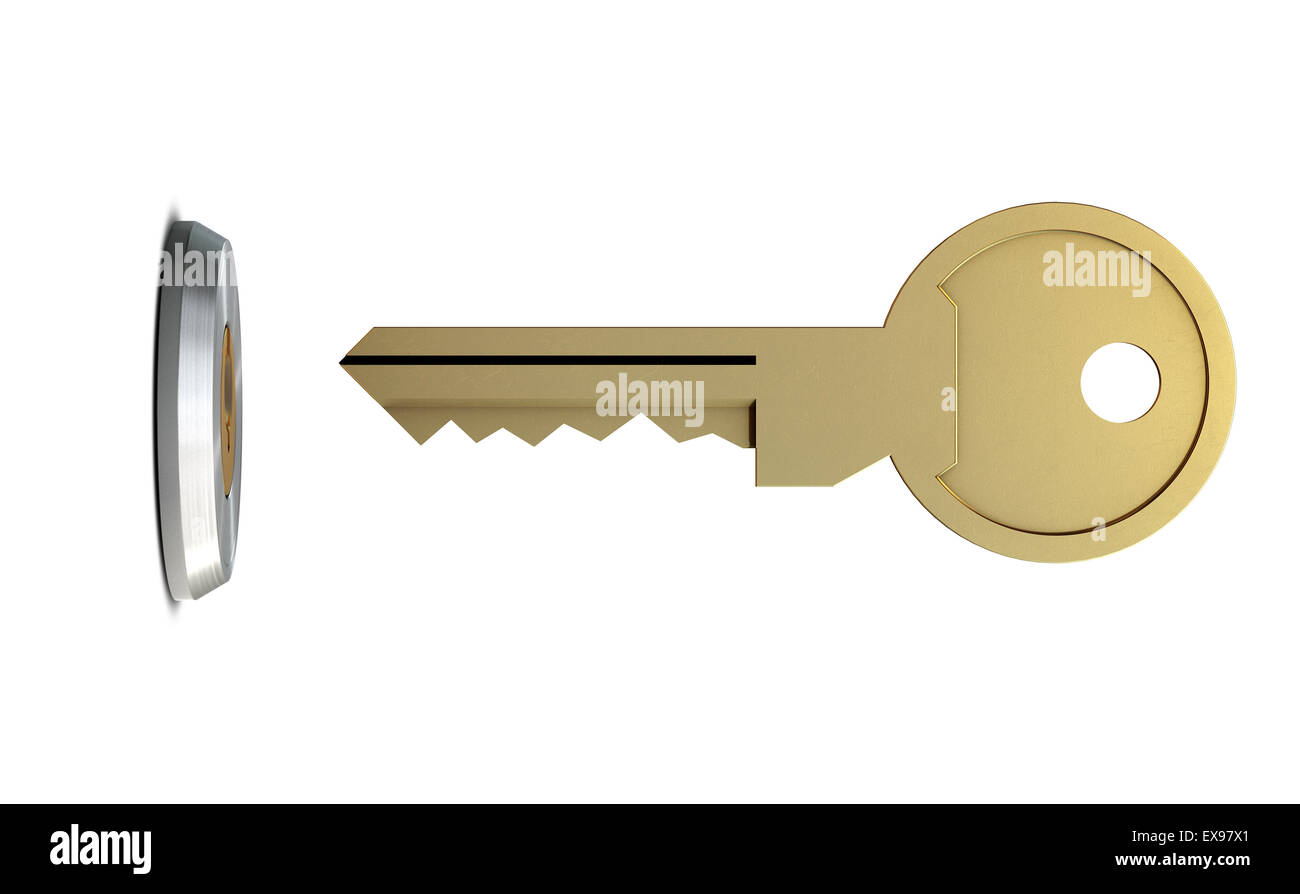A dead bolt lock shield with a key approaching the slot on an isolated ...