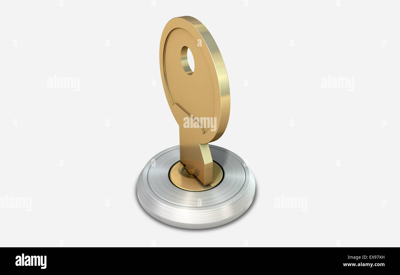 A dead bolt lock shield with a key inserted into the slot on an ...