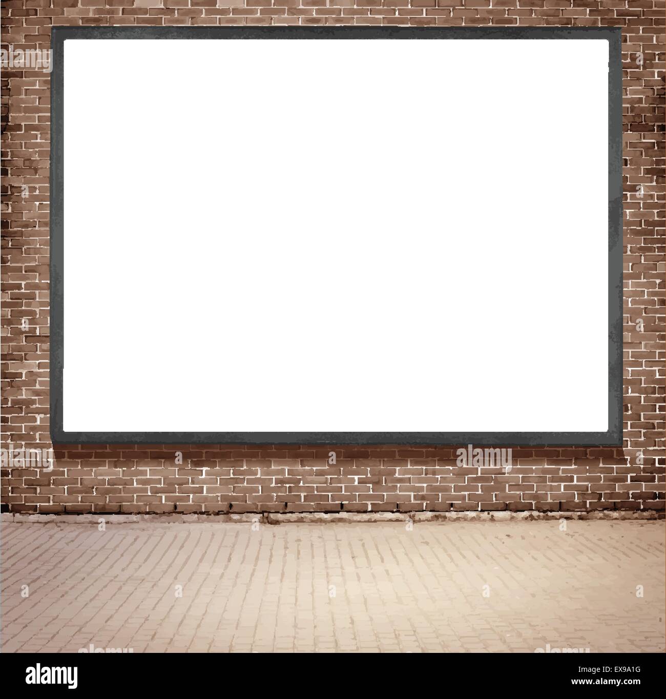 Black frame billboard with copy space hanging on brown brick wall near the street Stock Vector