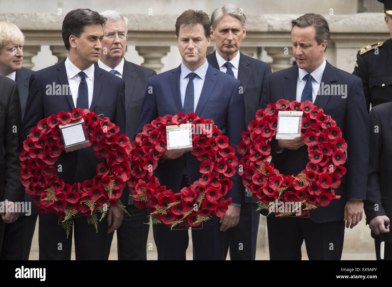 Politicians and members of the Royal family attends the Service of Remembrance that is held at The Cenotaph in Whitehall to mark the 70th anniversary of VE Day in London.  Featuring: Ed Miliband, Nick Clegg, David Cameron Where: London, United Kingdom Whe Stock Photo