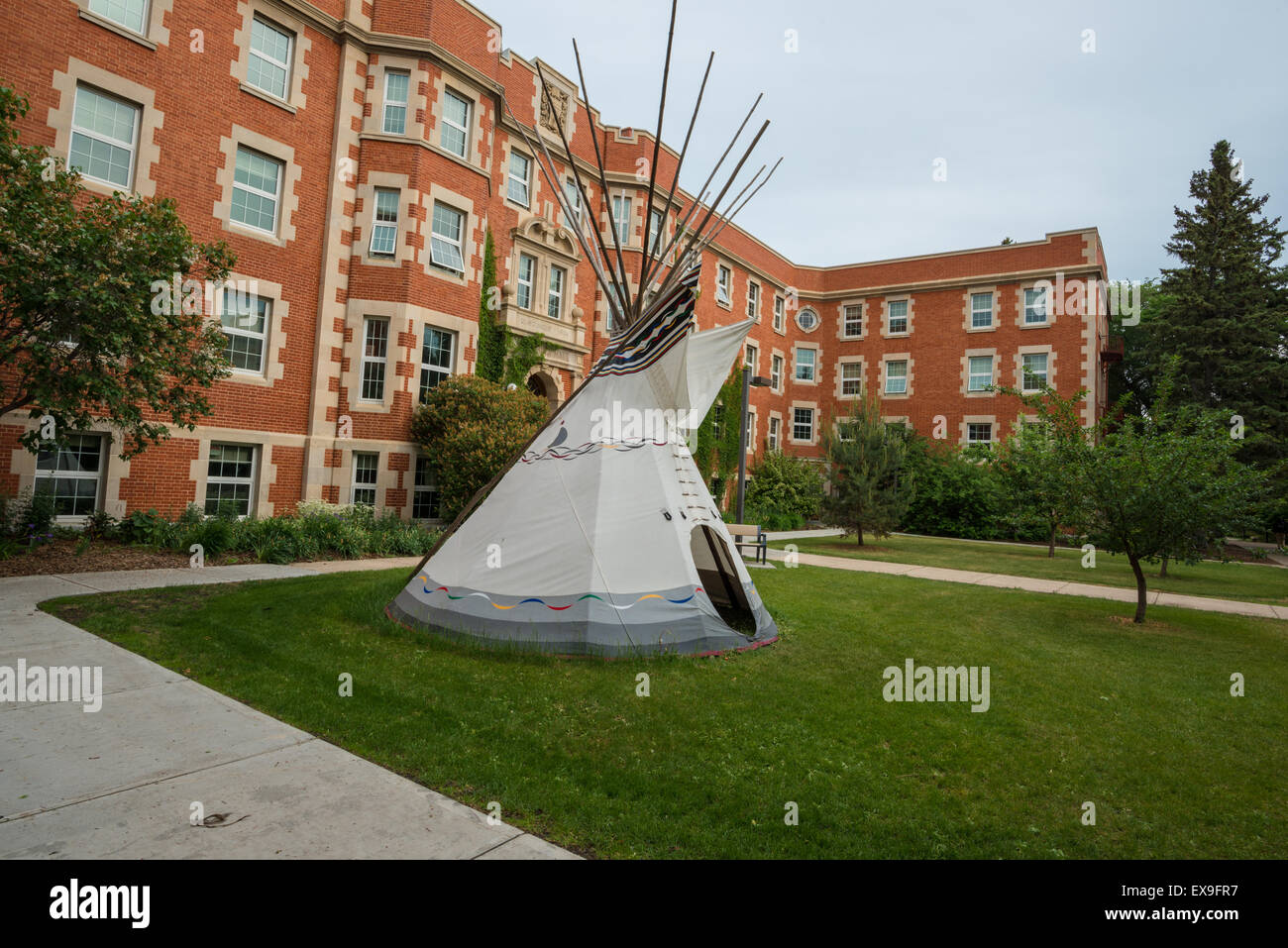 Pembina Hall on the University of Alberta campus, with a tepee on the front lawn, Edmonton, Alberta Stock Photo