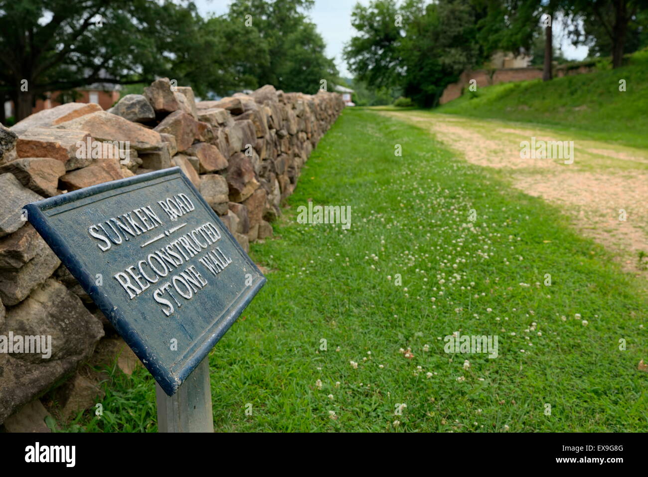 Reconstructed Stone Wall - Sunken Road in Fredericksburg (VA) National Battlefield Park. Stock Photo