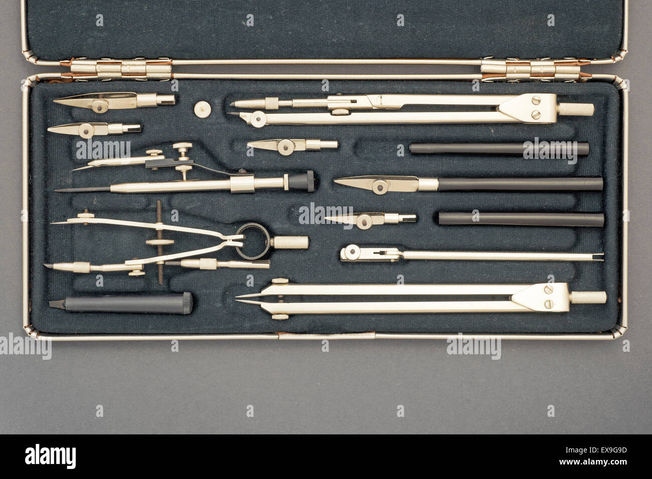 detailed interior of  vintage case of drawing instruments Stock Photo