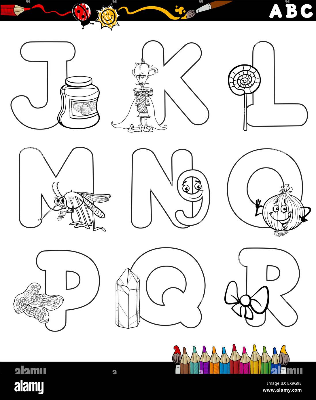 Black And White Cartoon Illustration Of Capital Letters Alphabet With Objects For Children Education From J To R Coloring Bo