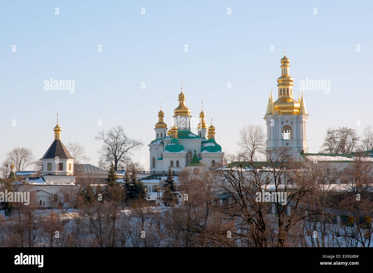 Part of the temple complex of the Kiev Pechersk Lavra. Winter, sunny day. Stock Photo