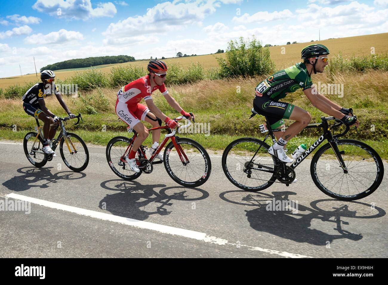 Le Havre, France. 09th July, 2015. VAN BILSEN Kenneth of Cofidis, Solutions Credits, TEKLEHAIMANOT Daniel of MTN - Qhubeka and QUEMENEUR Perrig of Team Europcar are the escape pack during stage 6 of the 102nd edition of the Tour de France 2015 with start in Abbeville and finish in Le Havre, France (191 kms) Credit:  Action Plus Sports Images/Alamy Live News Stock Photo