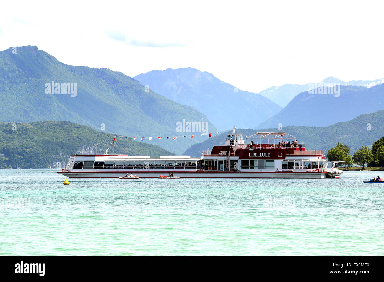 Libellule floating reastaurant boat ship Lake Annecy boats boating busy France Stock Photo