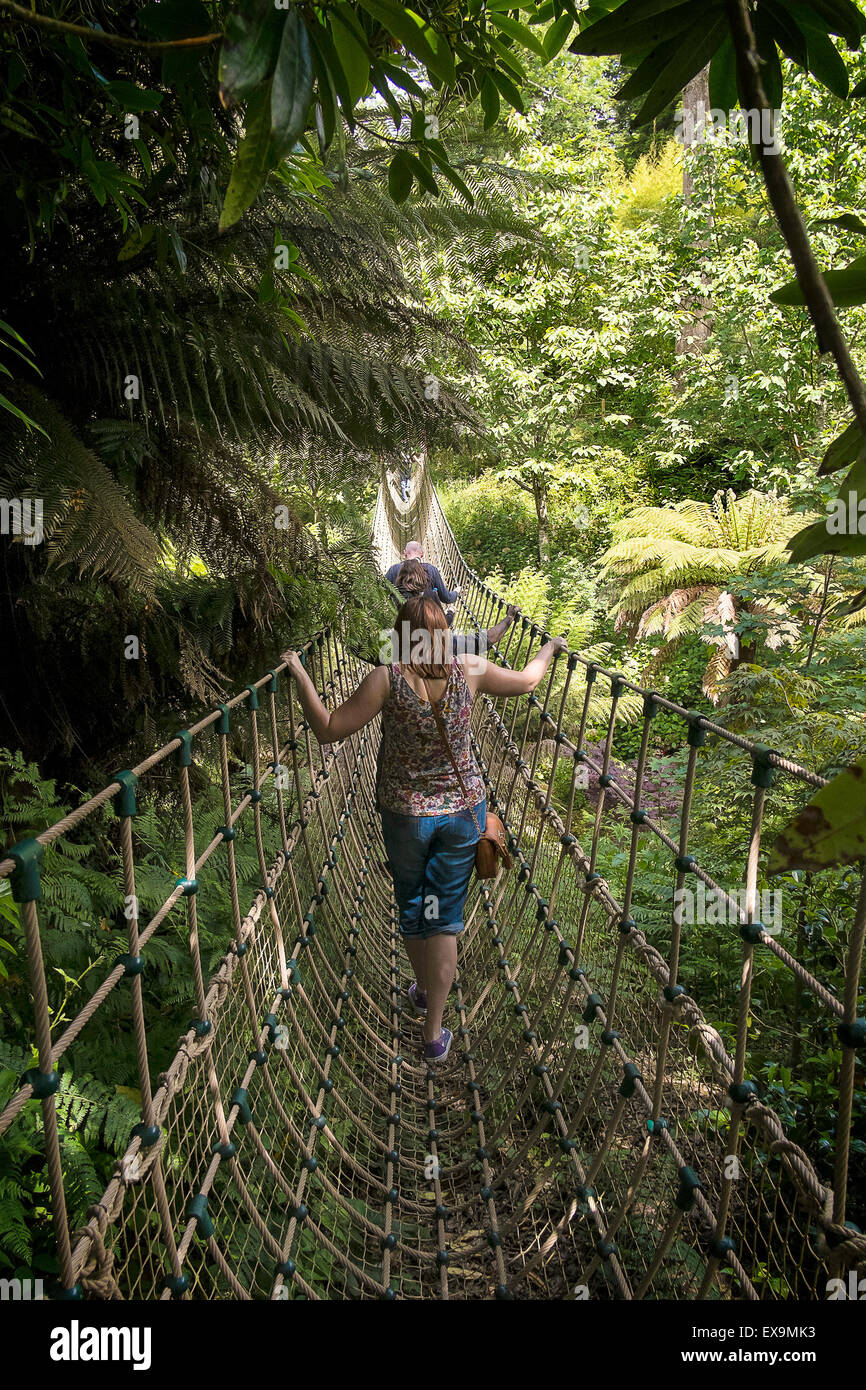 A tourist crosses a rope bridge in the Lost Gardens of Heligan in