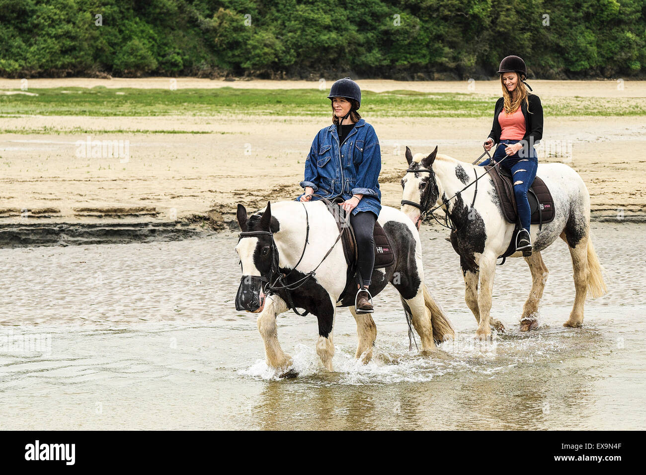 Horses being ridden along the Gannel at low tide in Newquay, Cornwall. Stock Photo