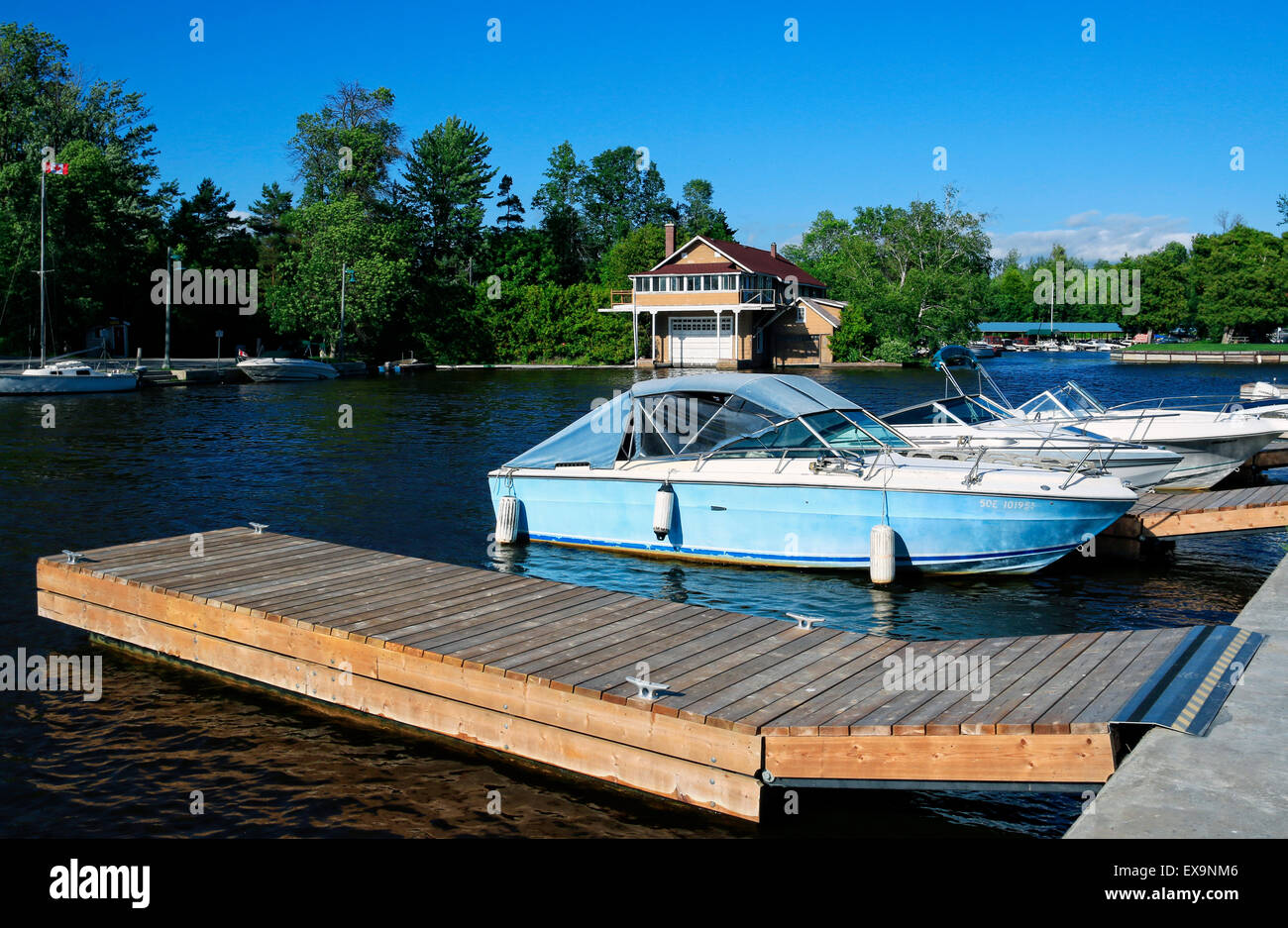 Beaverton Harbour with marina and historic boat house at the mouth of Beaver River and Lake Simcoe, in Brock, Duraham Region, On Stock Photo