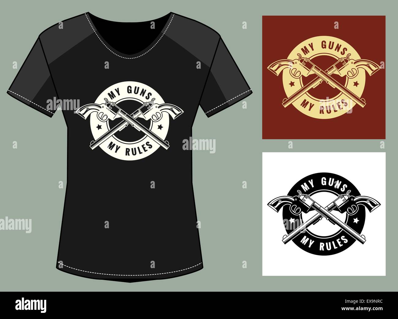 T-Shirt Print in three color variations. Two crossed revolvers and lettering My guns my rules. Only free font Antonio used. Stock Vector