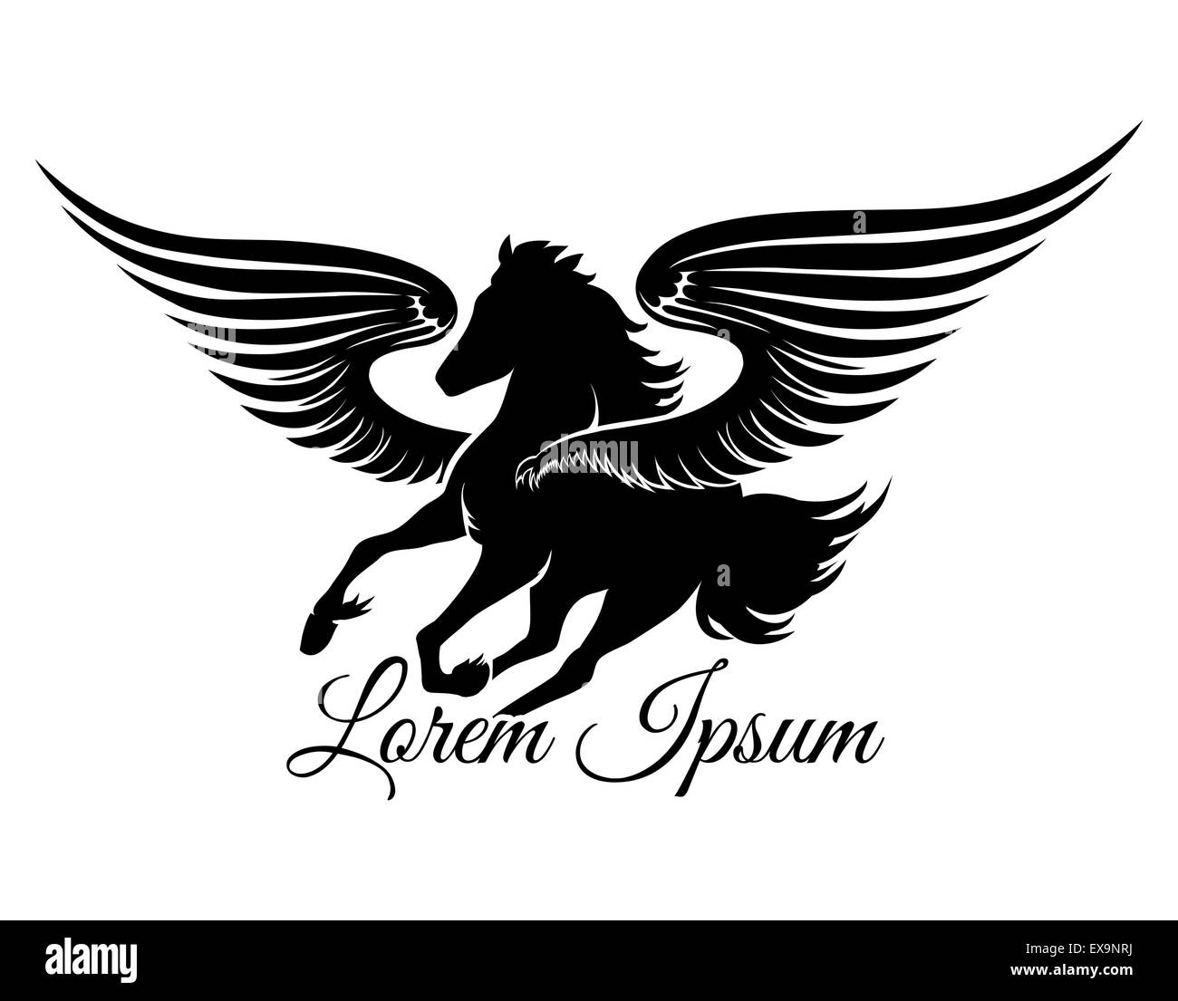 Winged stallion logo or emblem. Isolated on white background. Free font Great Vibes used. Stock Vector