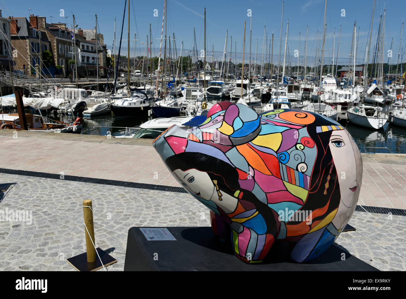 Pig Parade at Paimpol Harbour, Paimpol, Côtes-d'Armor, Brittany, France.  15 decorated pig sculptures by different artists. Stock Photo