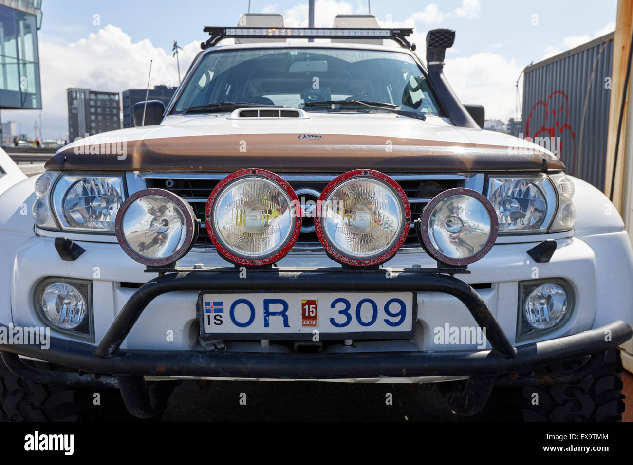 headlights on heavily modified 4x4 for off road driving reykjavik iceland Stock Photo