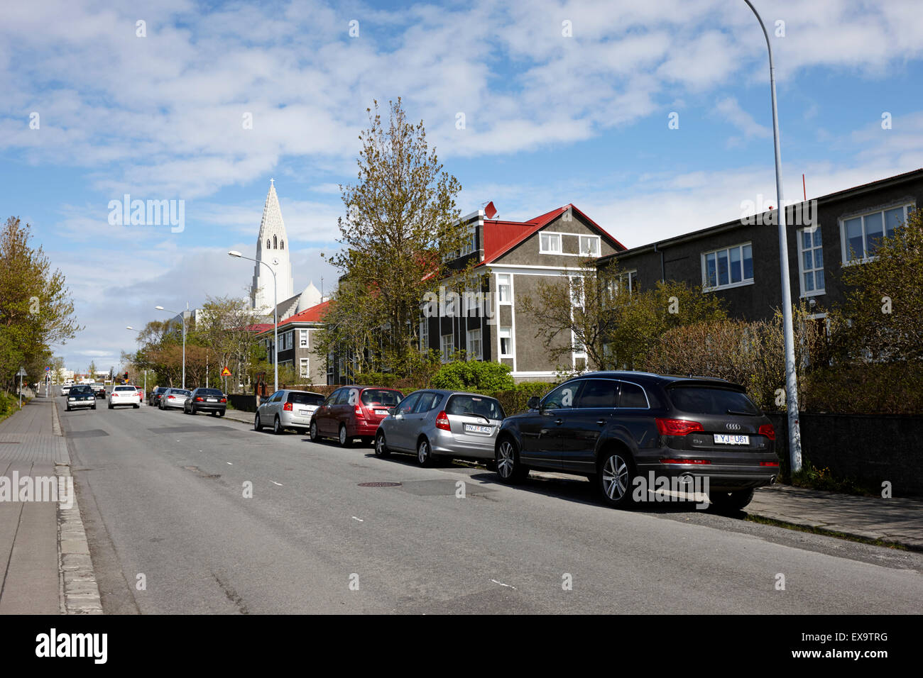 eiriksgata residential street onstreet parking near hallgrimskirkja reykjavik iceland Stock Photo