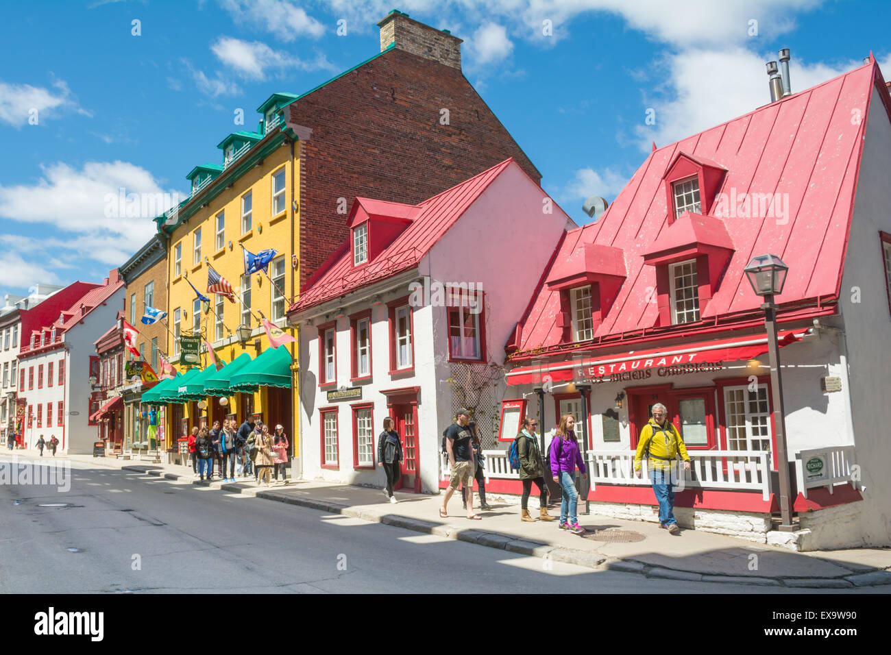 Restaurants and shops in old architectural styled buildings on saint Louis street in Old Quebec city. Canada. 23 May, 2015 Stock Photo