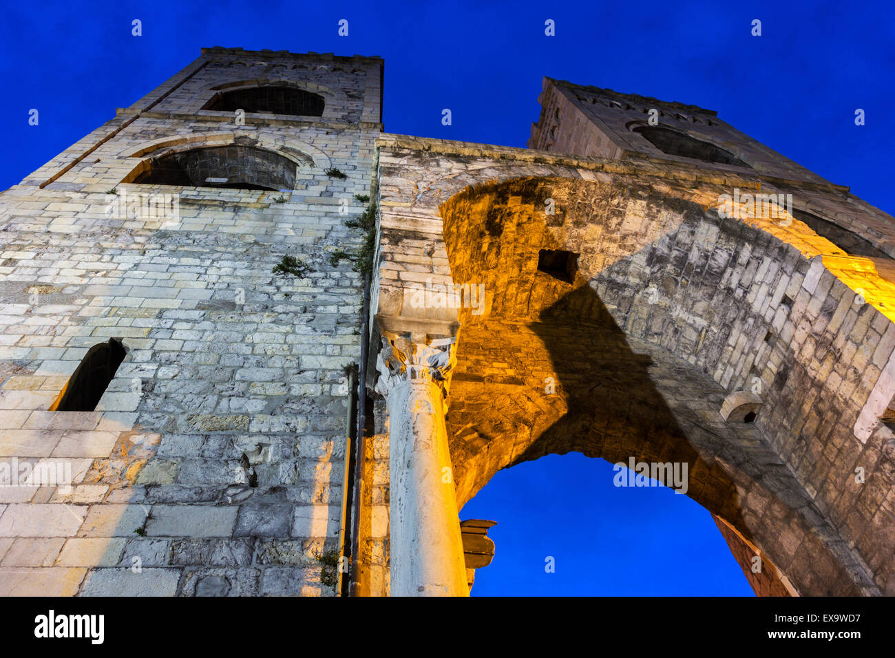 Twin-tower gate Porta Soprana in the city of Genoa in Italy Stock Photo