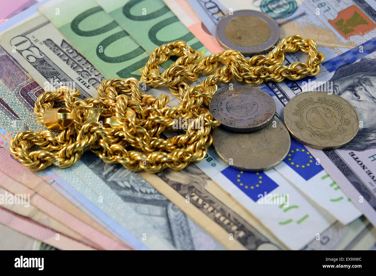 Close up of Various currency notes and coins from different countries ...