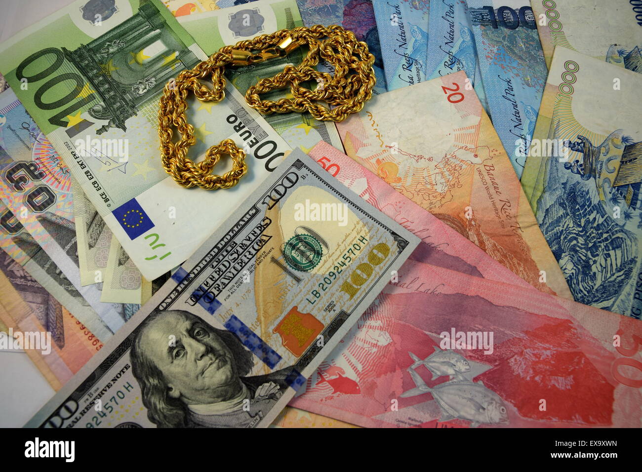 Close up of Various currency notes and coins from different countries ...