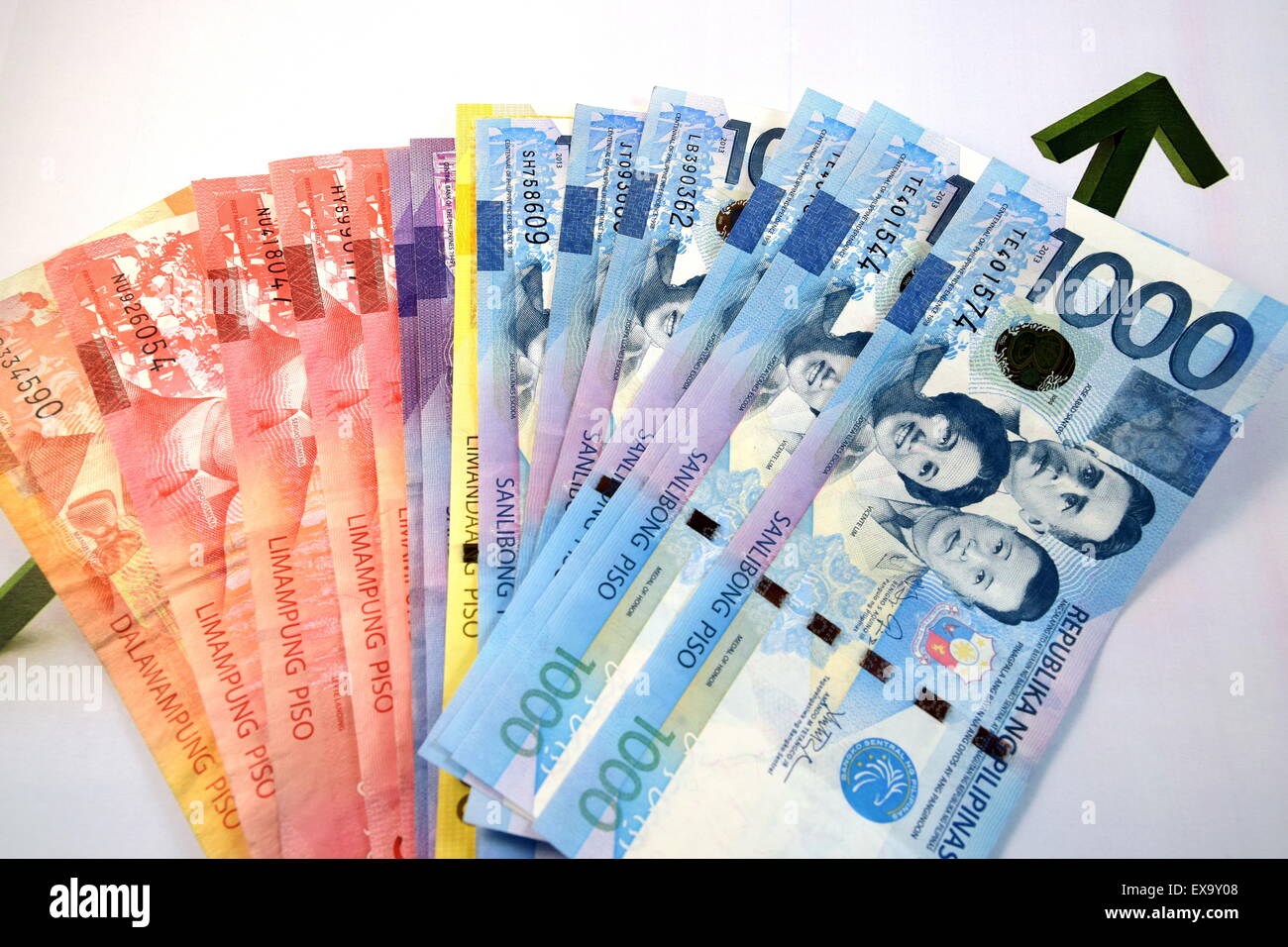 Close up of Various currency notes and coins from different countries ...