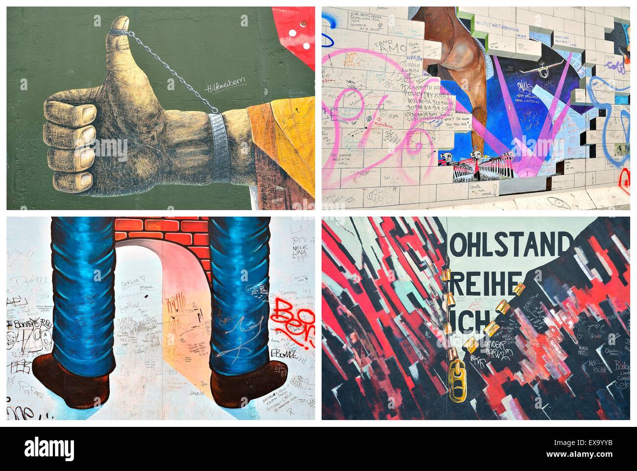 The Berlin Wall (Berliner Mauer) in Germany in collage style with flag of the Federal Republic of Germany at background. Stock Photo