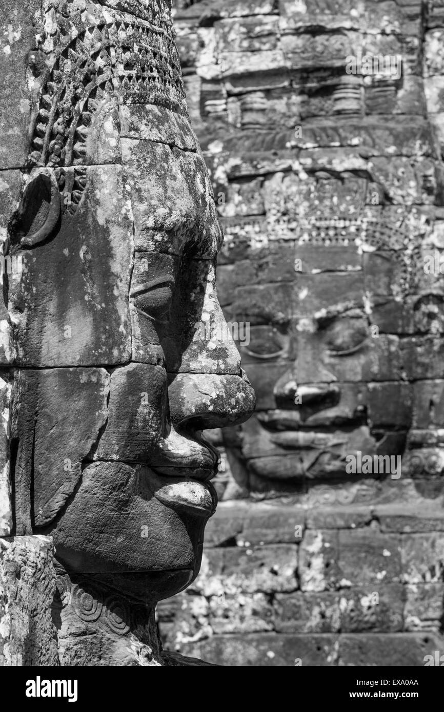 Asia, Cambodia, Siem Reap, Stone carvings of the 12th century Buddhist King Jayavarman VII at Bayon Temple at Angkor Wat Stock Photo