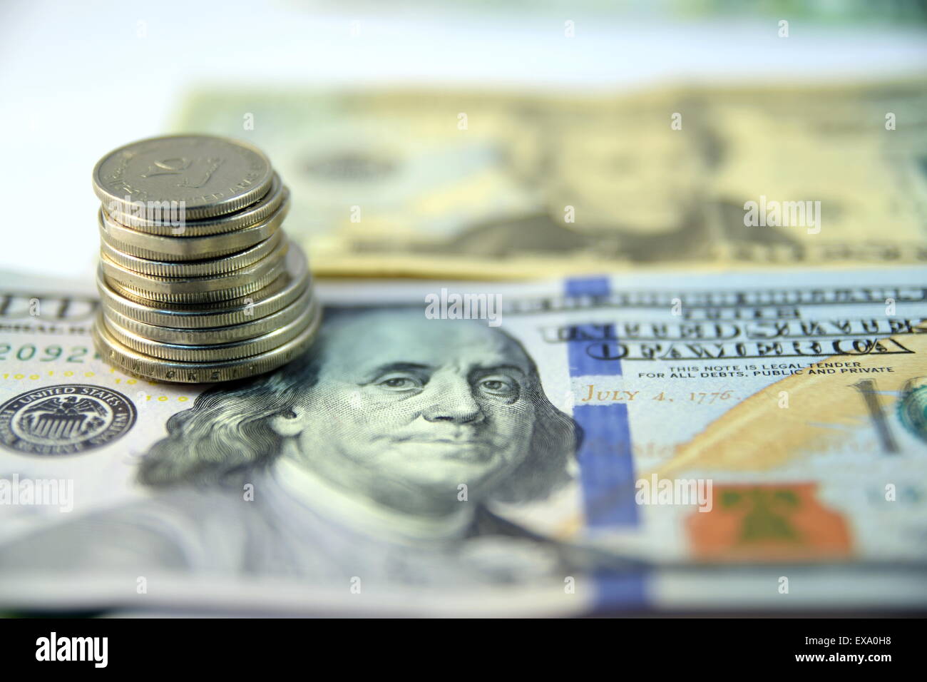 Close up of Various currency notes and coins from different countries ...
