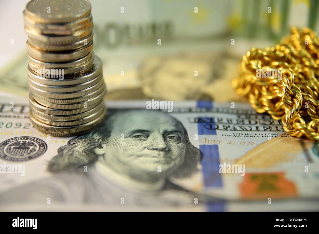 Close up of Various currency notes and coins from different countries ...