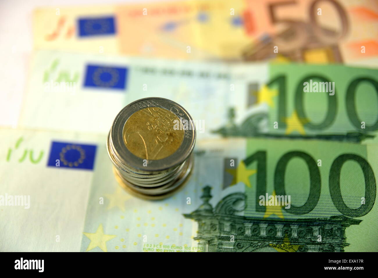 Close up of Various currency notes and coins from different countries ...