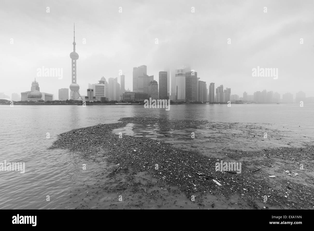 China, Shanghai, Vast pool of trash floats past skyline of Pudong District beneath low clouds along Huangpu River on winter morn Stock Photo