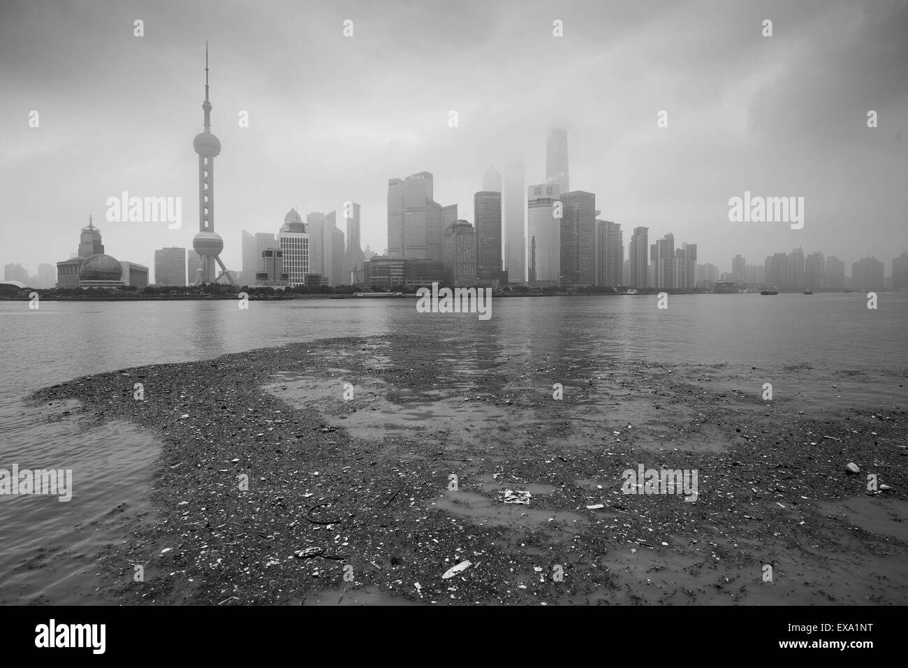 China, Shanghai, Vast pool of trash floats past skyline of Pudong District beneath low clouds along Huangpu River on winter morn Stock Photo
