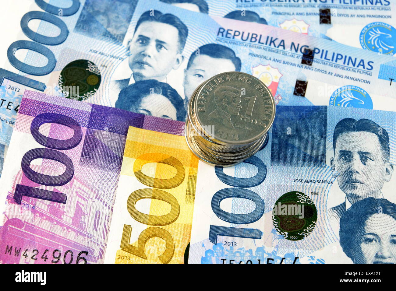 Close up of Various currency notes and coins from different countries ...