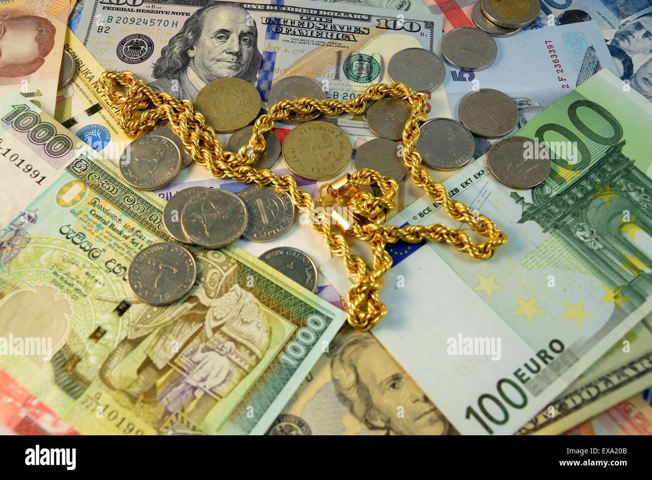 Close up of Various currency notes and coins from different countries ...
