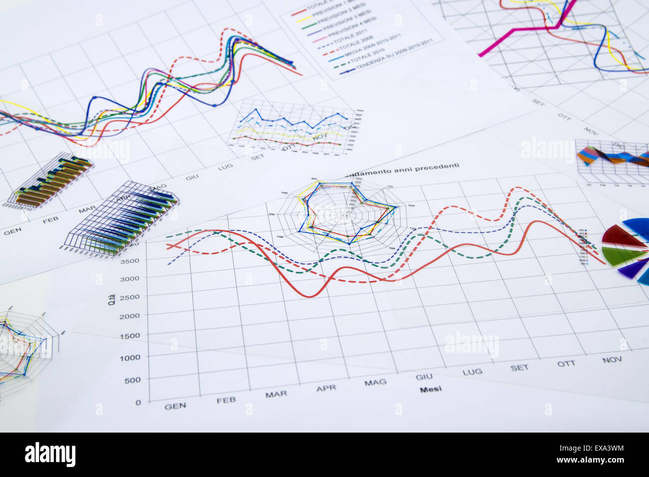 stack of paper documents with financial reports and statistic ...