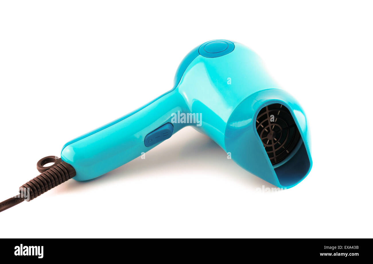 Blue hair dryer isolated on white Stock Photo