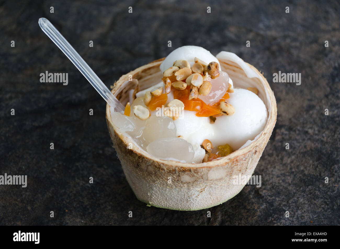 Coconut ice cream in Coconut shell. Stock Photo