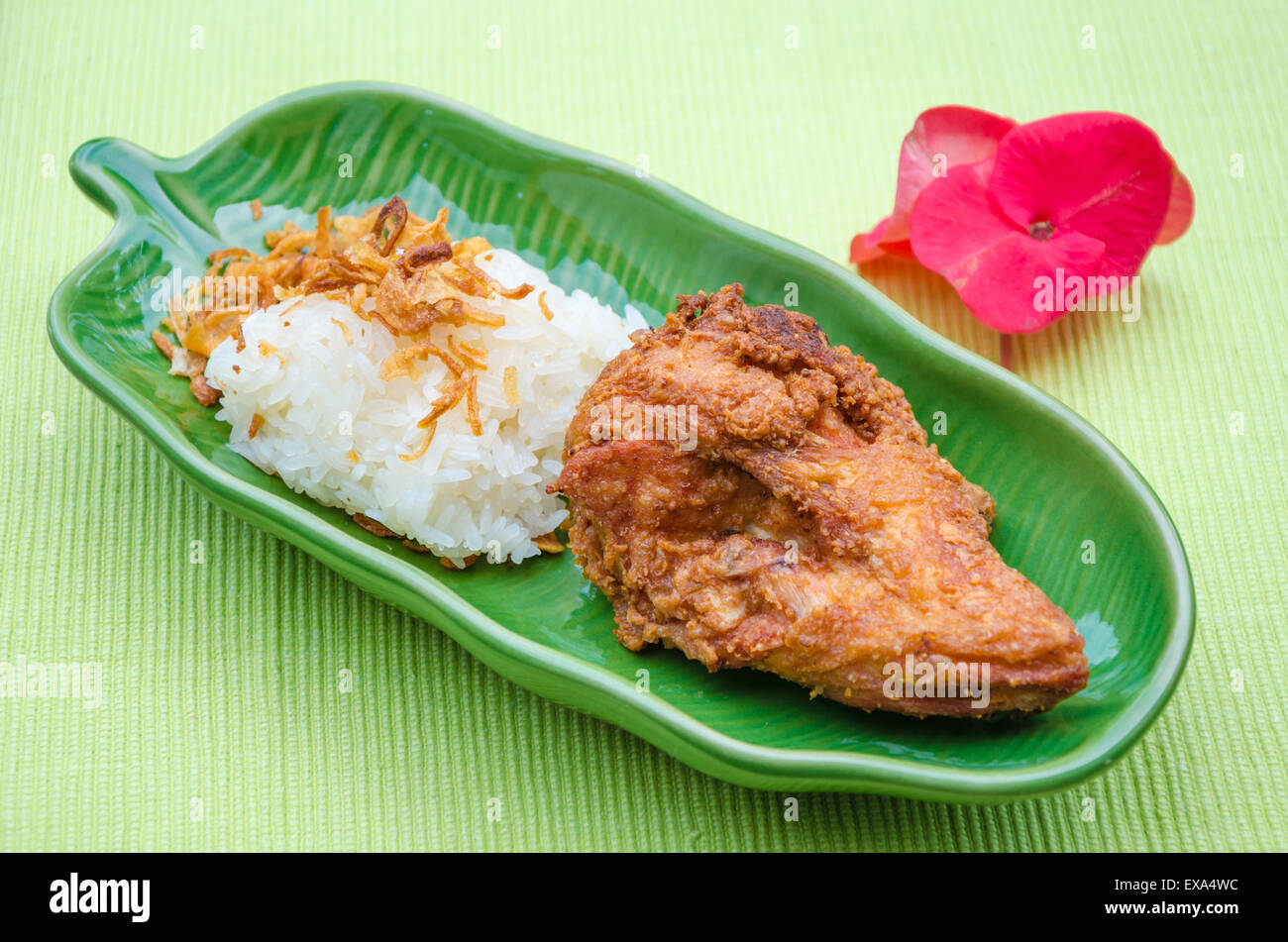 Fried Chicken with onion and Sticky rice Stock Photo