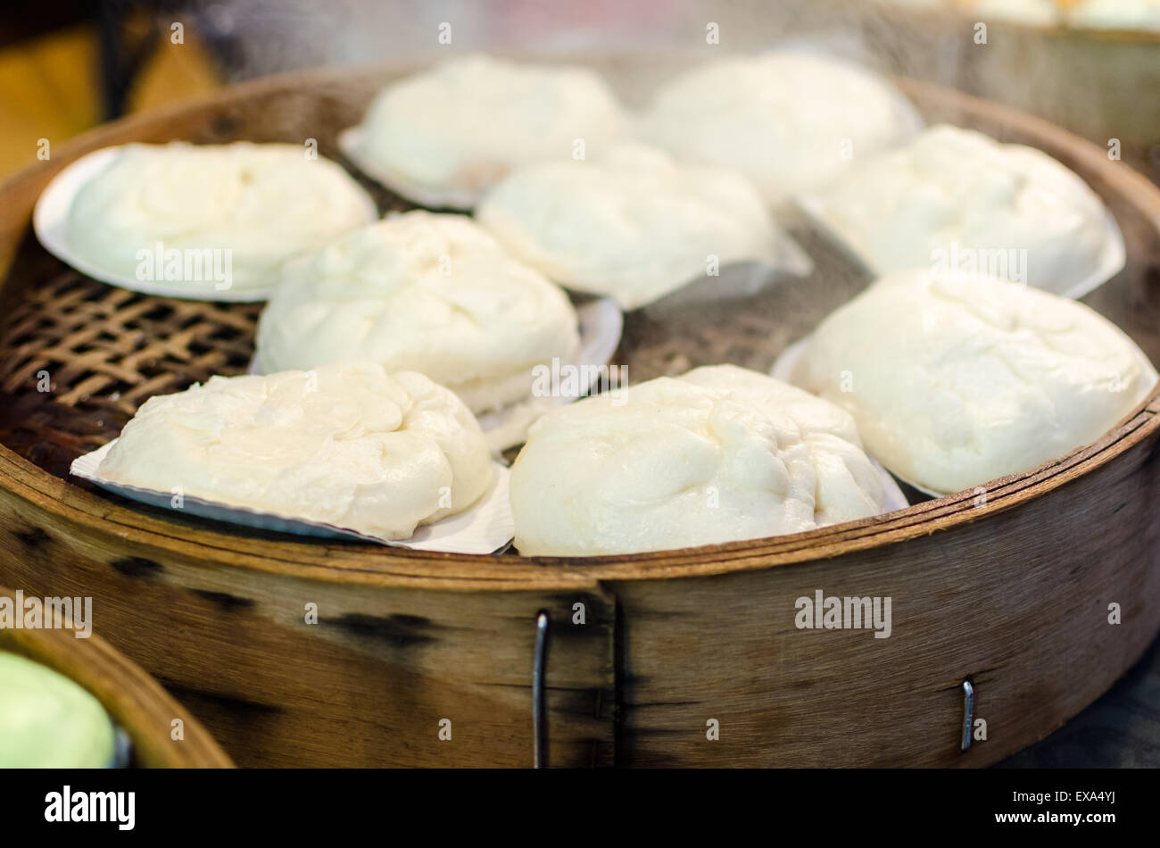 Steamed dumpling  on the traditional bamboo pan Stock Photo