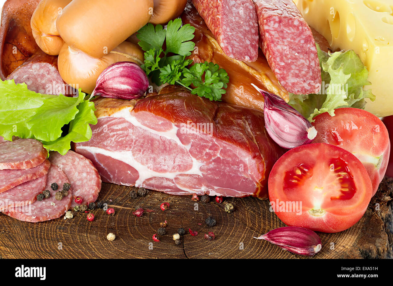 Variety of sausage products. Background. Stock Photo