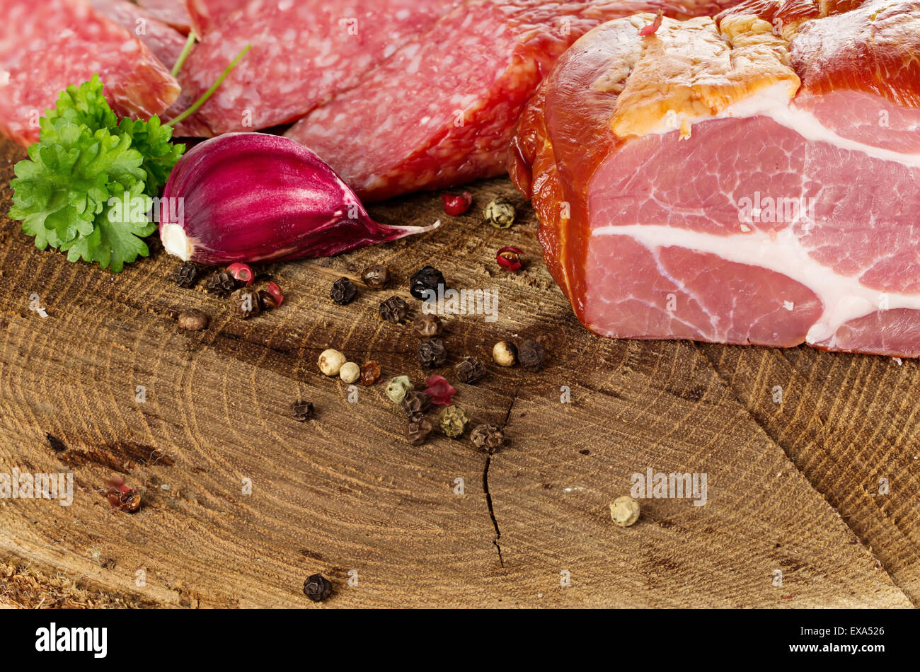 Variety of sausage products. Background. Stock Photo