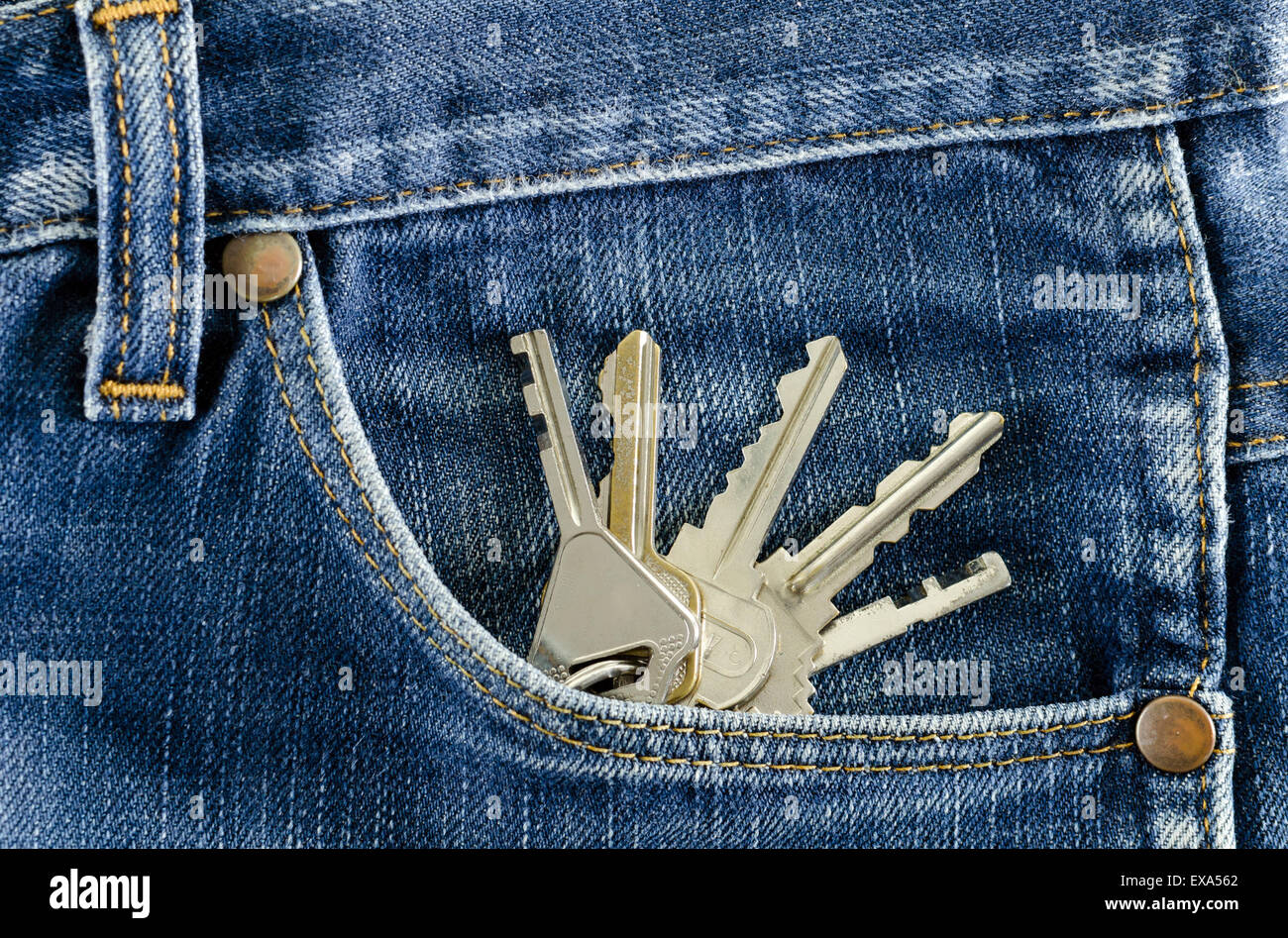 Closeup Keys in a pocket of jeans. Stock Photo