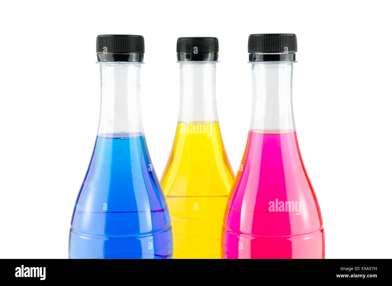 Bright colorful water in bottles on white background Stock Photo